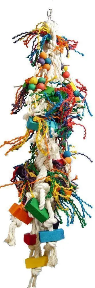 Vibrant Tuff Stuff-Zoo Max bird toy with colorful cotton and sisal ropes, wood, and leather textures for large birds.