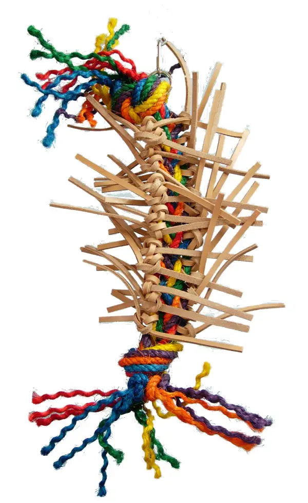 Vibrant Lg Puncho-Zoo Max bird toy with colorful sisal rope and knotted leather strips for endless chewing fun.