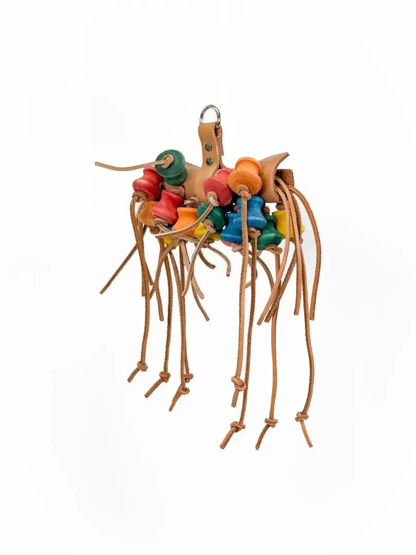 Colorful Porcupine Small toy by Zoo Max, featuring vegetable leather strips, a central leather roll, and varied wood pieces for small parrots to enjoy.