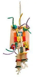 Colorful Med Agabus-Zoo Max bird toy with leather, cotton rope, and sisal textures, perfect for medium-sized birds to chew and play.