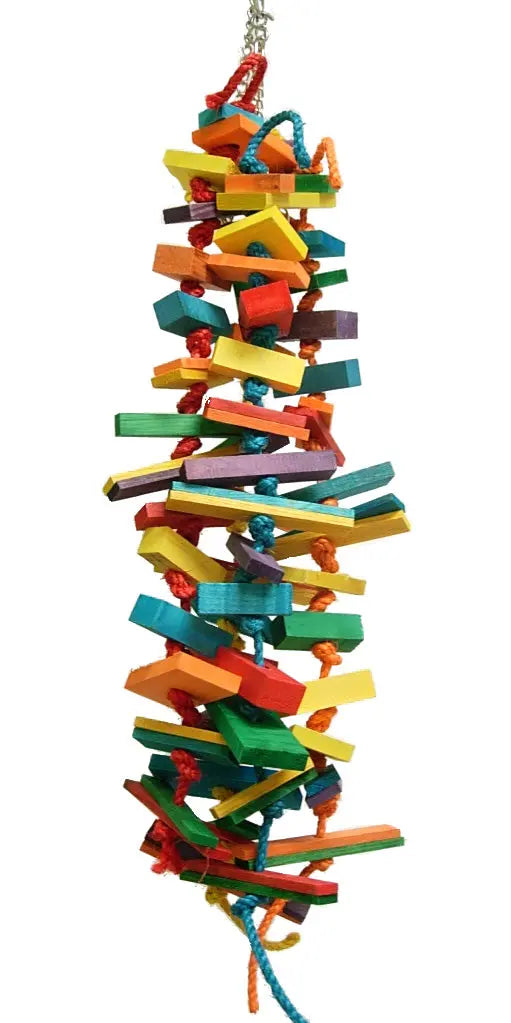 Vibrant Elegantissimo-Zoo Max toy, nearly a yard long, adorned with colorful wood blocks and sturdy rope knots for large birds.