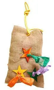 Vibrant burlap bird toy, the Lg Sac Surprise-Zoo Max, filled with crinkled paper for an engaging foraging adventure.