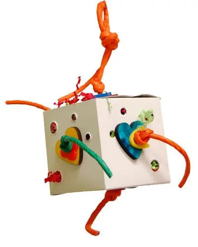 Colorful Zoo-Max Fun-Box 4" bird toy with crinkle paper, wooden stars, and plastic shapes on a paper twist rope.