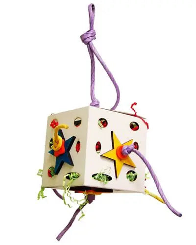 Colorful Zoo-Max Fun-Box 5" bird toy with crinkle paper, wooden stars, and plastic shapes on a paper twist rope.
