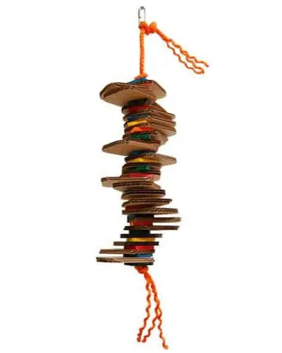 Vibrant Spiral Shred X-Zoo Max toy with layers of honeycomb paper and colorful wood slices, hanging on sisal for birds to chew.