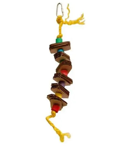 Vibrant Sm Slice Shred X-Zoo Max bird toy with layered honeycomb paper, colorful wood slices, and textured sisal rope.