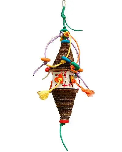 Colorful Zoo-Max Hubble bird toy with a cardboard box, crinkle paper, wood shapes, and paper twist rope for engaging play.