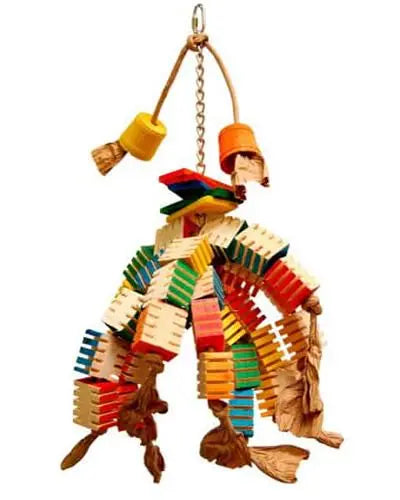 Colorful Groovy Gizmo-Zoo Max bird toy with notched wooden blocks and twisted paper rope for interactive play.