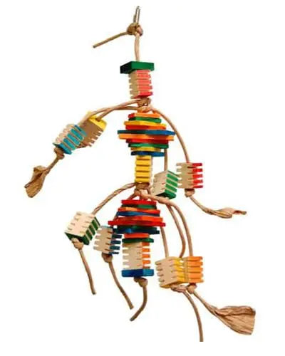 Colorful Groovy Frita-Zoo Max bird toy with wooden slats, grooved textures, and paper rope, perfect for foraging fun.