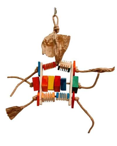 Vibrant Small Groovy Bonzo by Zoo Max, featuring colorful wooden blocks and twisted paper ropes for medium birds to chew.