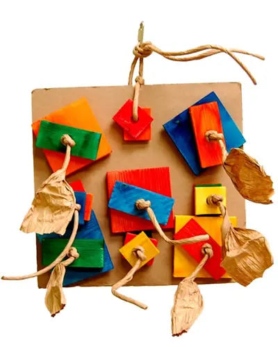 Vibrant 12" Large Pizza-Zoo Max bird toy with colorful cardboard, wooden blocks, and twisted paper string for engaging play.