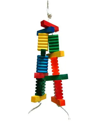 Vibrant Zoo-Max Groovy PanPan parrot toy with colorful wood pieces and twisted paper rope, perfect for large birds like Macaws.