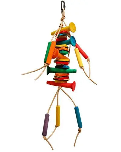 Vibrant Zoo-Max Dynamite X-Small bird toy with colorful wooden shapes, cardboard slices, and twisted paper rope for playful foraging.