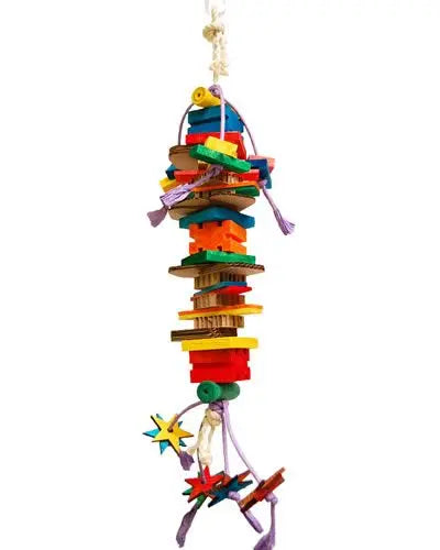 Vibrant Zoo-Max Dynamite Large bird toy with colorful wood pieces, shapes, and cardboard slices on cotton and paper ropes.