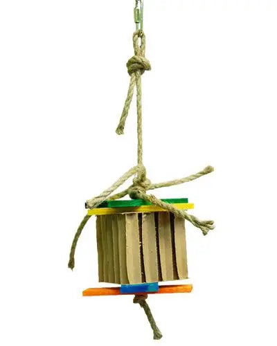 Vibrant Zoo-Max ShooShoo-Shred bird toy with a colorful accordion paper box, wooden slats, and jute rope for foraging fun.