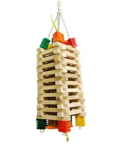Colorful Zoo-Max Storm Tower Medium bird toy with wooden slats, twisted paper rope, and cardboard cubes for foraging fun.