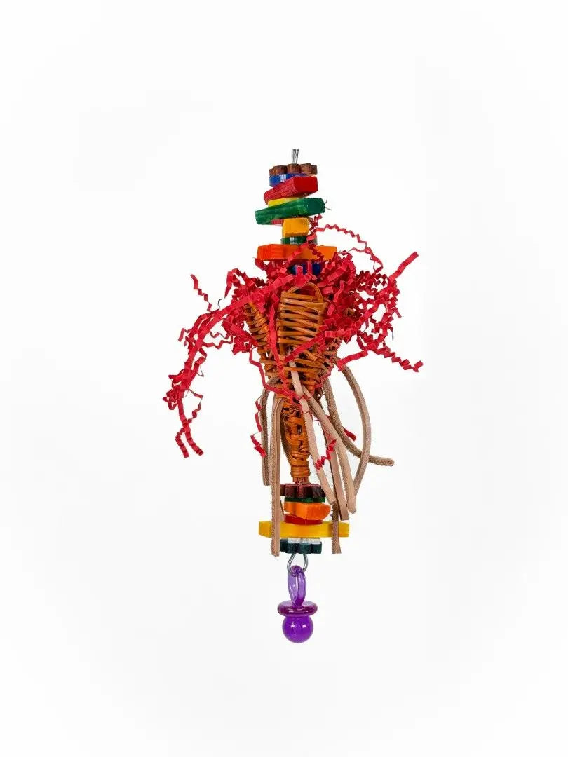Colorful Loulou - Zoo Max bird toy with wooden pieces and vine for small parrots to chew and forage, promoting play.