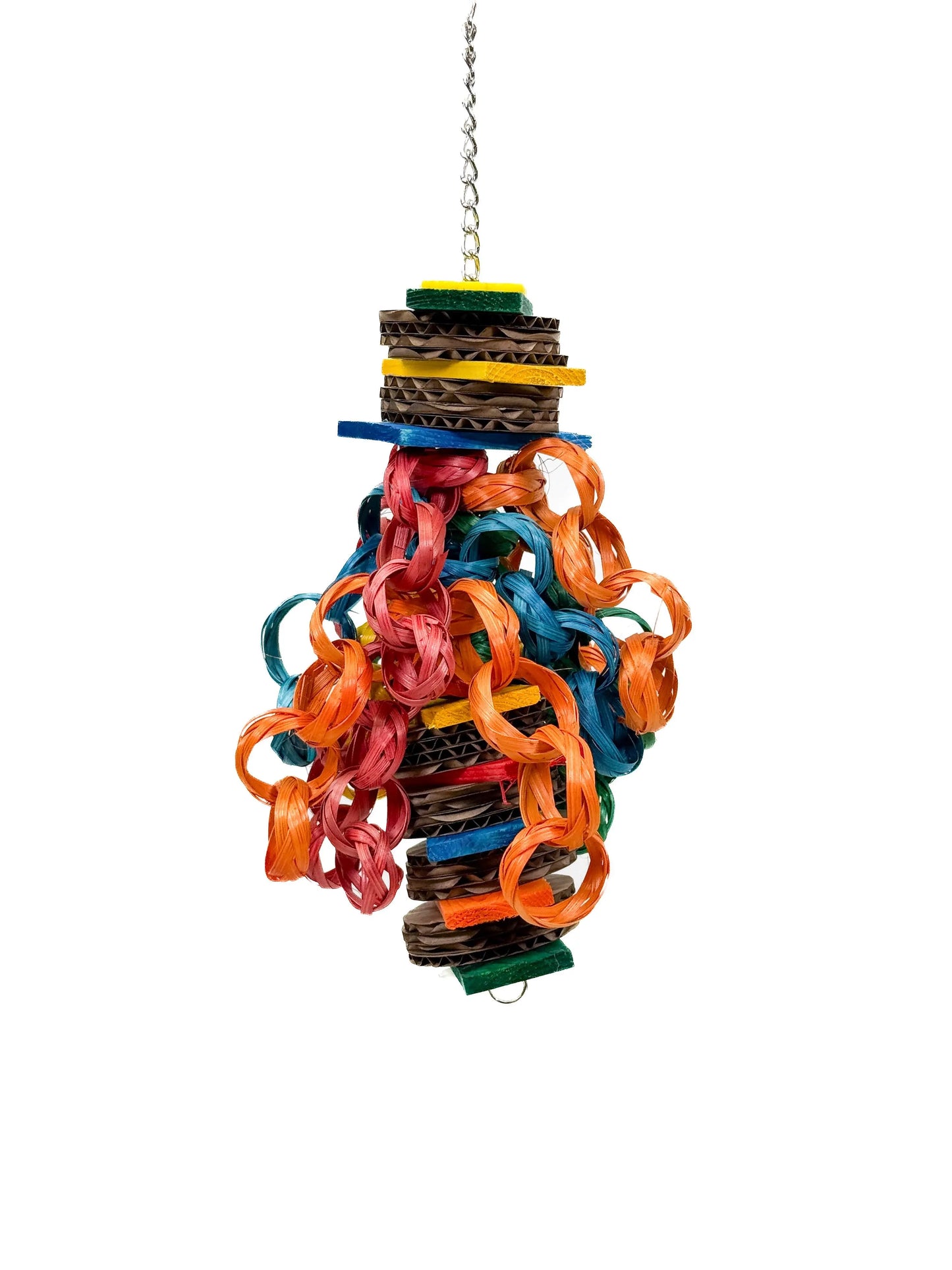 Colorful Hippy Style Medium bird toy by Zoo Max, featuring shreddable pine wood, acrylic, cardboard, and jute rope.