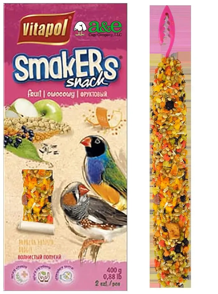 Vibrant Treat Stick Zebra Finch Fruit Twin Pack, bursting with natural, colorful fruit flavors, hanging in a birdcage.