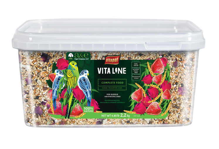 Vita Line bird food container with colorful bird illustration on a white background
