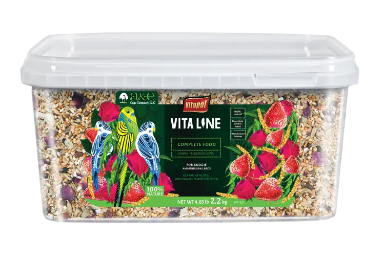 Vita Line bird food container with colorful bird illustration on a white background