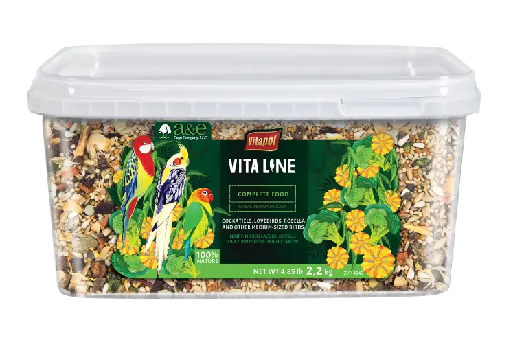 Vita Line bird food container with colorful birds on the label against a white background