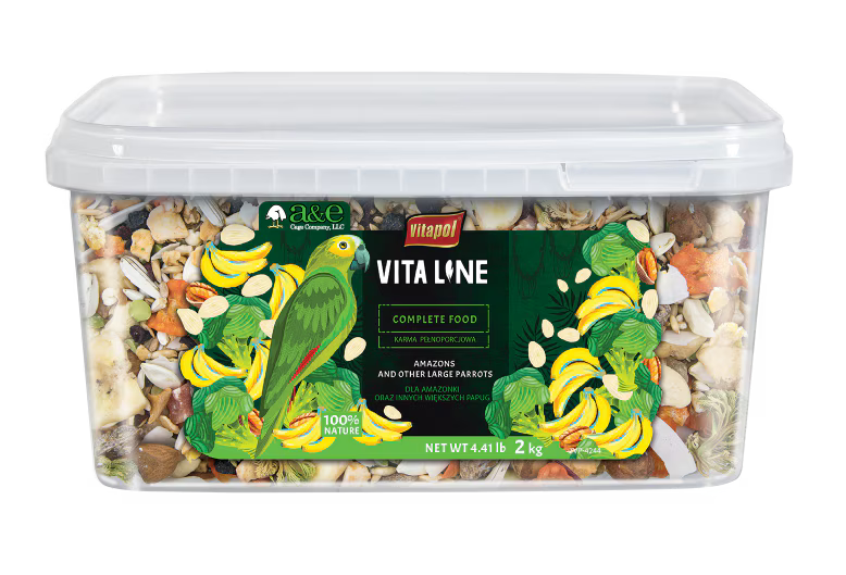 Vita Line bird food container with a parrot illustration on a white background