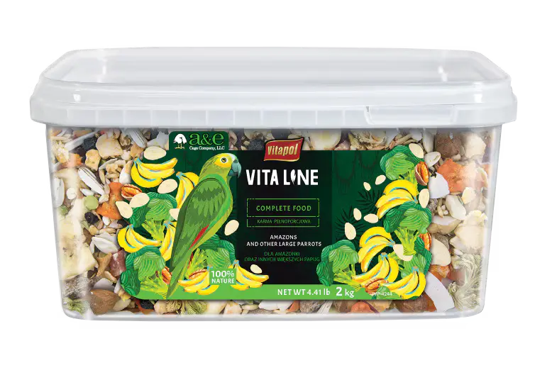 Vita Line bird food container with a parrot illustration on a white background