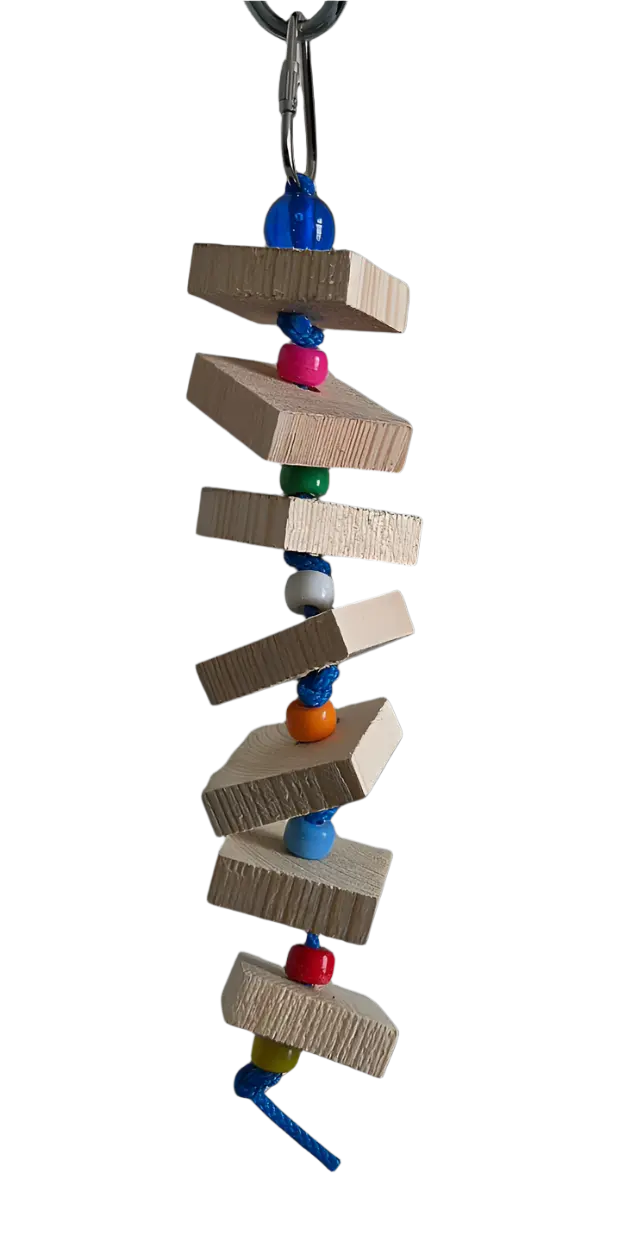 Colorful Wood Wobble bird toy with angled wooden chunks, vibrant beads, and a swinging blue rope for playful pecks.