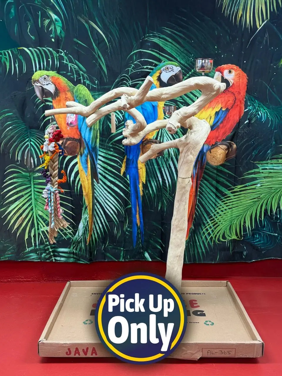 Natural Java Tree Bird Stand with anti-slip perch, toy hooks, and stainless steel bowls, ideal for medium to large birds.