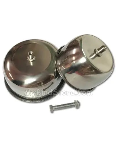 Shiny 10oz stainless steel bowl with a secure screw-on bolt, perfect for playstands and Java wood stands, sized 4" wide.