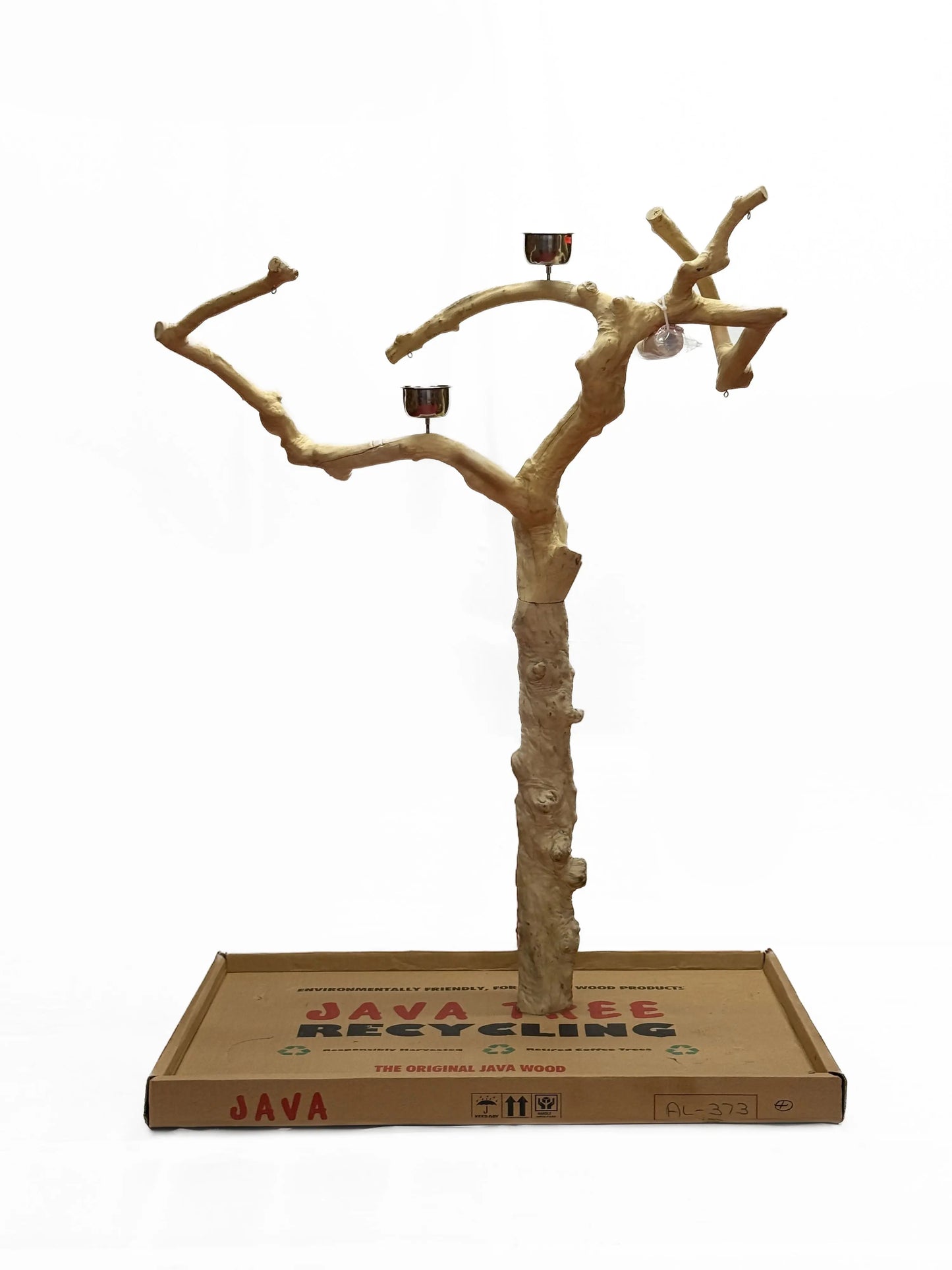 Natural Java Tree Bird Stand with anti-slip perch, toy hooks, and stainless steel bowls, ideal for medium to large birds.
