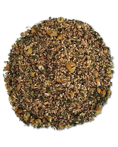 Delicious 10lb Australian Buffet bird food mix, brimming with vibrant seeds, grains, and colorful veggie granules for small birds.