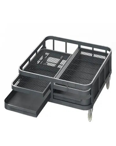 Sturdy black powder-coated walk-in aviary base with six heavy-duty wheels and slide-out grates for easy maintenance.