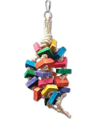 Vibrant bird toy with colorful wooden blocks knotted on natural sisal rope, perfect for medium-sized feathered friends.