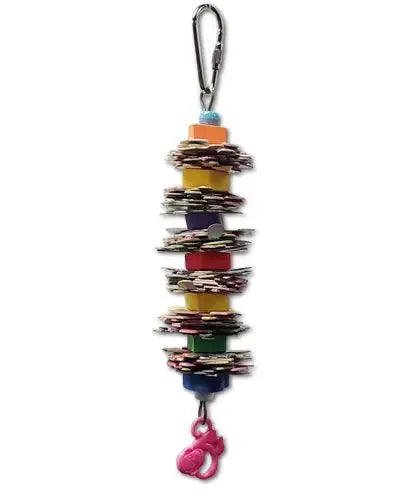 Vibrant mini puzzle pole bird toy with colorful foam beads and cardboard pieces, perfect for cockatiels and small birds.