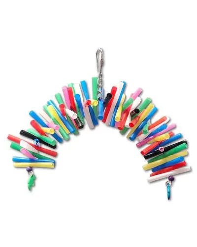 Vibrant neon straws woven on wire form a colorful 9-inch rainbow-shaped bird toy, perfect for small to medium birds.