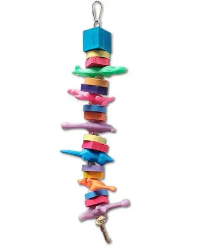 Vibrant Sisal Tower bird toy with colorful wood slats, birdie bagels, and plastic animals, all tied with sisal rope for engaging play.