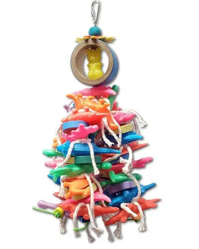 Vibrant Fiesta Bagel Explosion bird toy with colorful plastic animals, birdie bagels, and cotton rope, perfect for parrots.