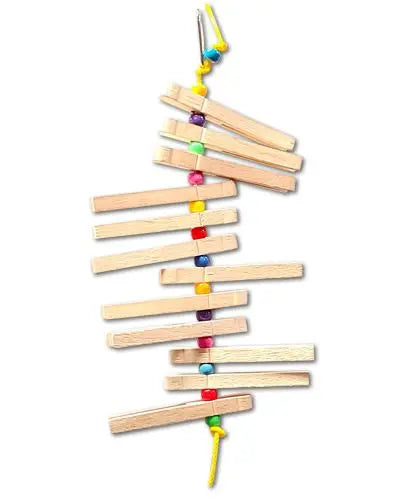 Vibrant bird toy featuring wooden clothespins and colorful plastic beads strung on durable polly rope, perfect for conures.