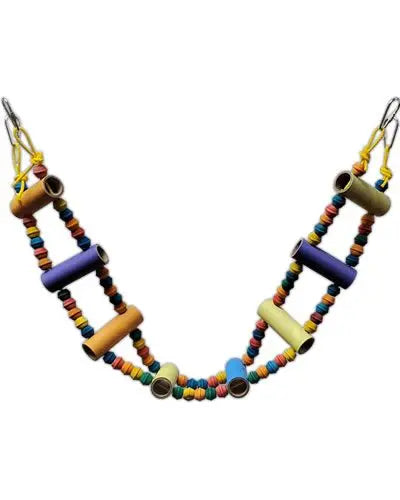 Vibrant Birdie Bagel Ladder by Happy Beaks USA, featuring colorful wooden beads and bagels on a 34-inch polyrope bridge.