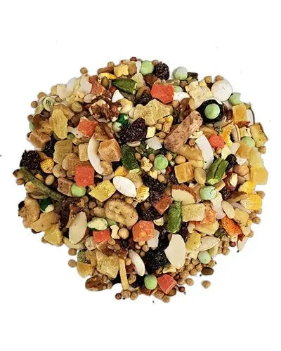 Vibrant mix of small pellets, nuts, and dried fruits in Paradise Small Bird Benji Ultimate Blend for parrotlets to conures.