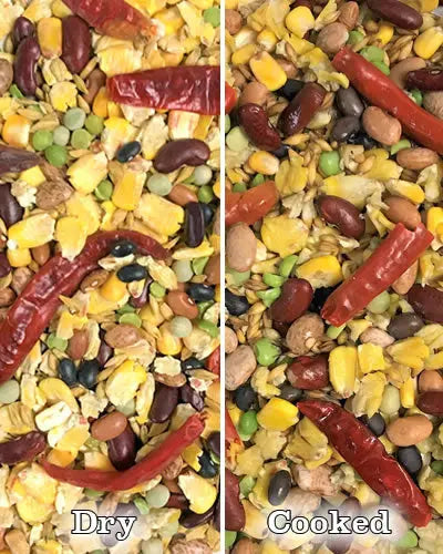 Vibrant mix of Happy Beaks Corn & Bean blend with colorful corn, beans, peas, and chili peppers for bird nutrition.