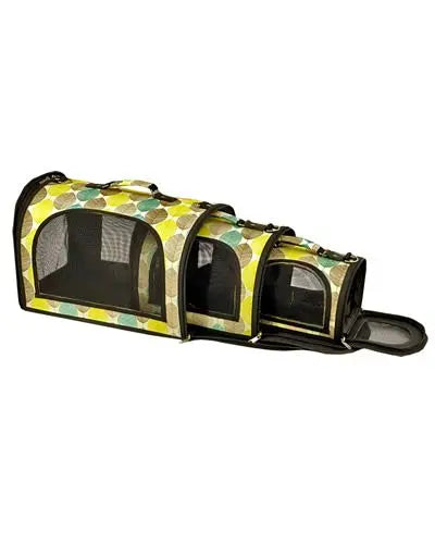 Spacious tan soft-sided bird travel carrier with mesh ventilation, a comfy fabric interior, and a convenient shoulder strap.
