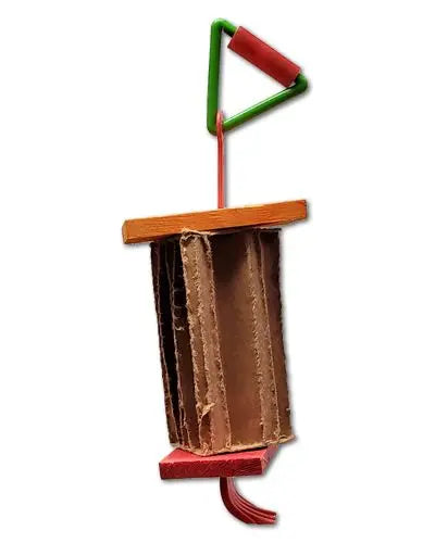 Colorful foraging toy for small birds featuring a corrugated paper box, plastic fork hanger, and vibrant wood slices.