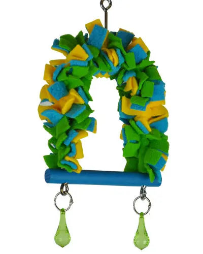 Cozy Happy Beaks fleece bird swing with ruffled sides and colorful acrylic raindrop accents, perfect for small birds.