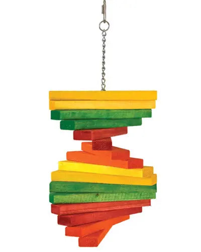 Vibrant colored wood blocks spiral on a sturdy stainless steel chain, forming the Happy Beaks bird toy for large beaks.