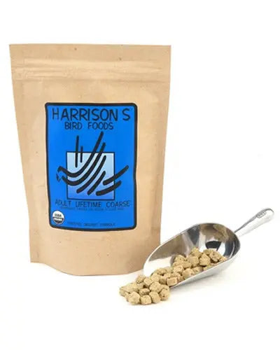 Crunchy, organic Harrison's Adult Lifetime Coarse bird food, ideal for African Greys and Macaws, in a 5lb pack.