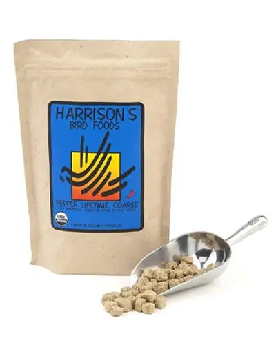 Vibrant mix of Harrison's Adult Lifetime Coarse Pepper bird food, featuring spicy, organic ingredients for healthy adult birds.