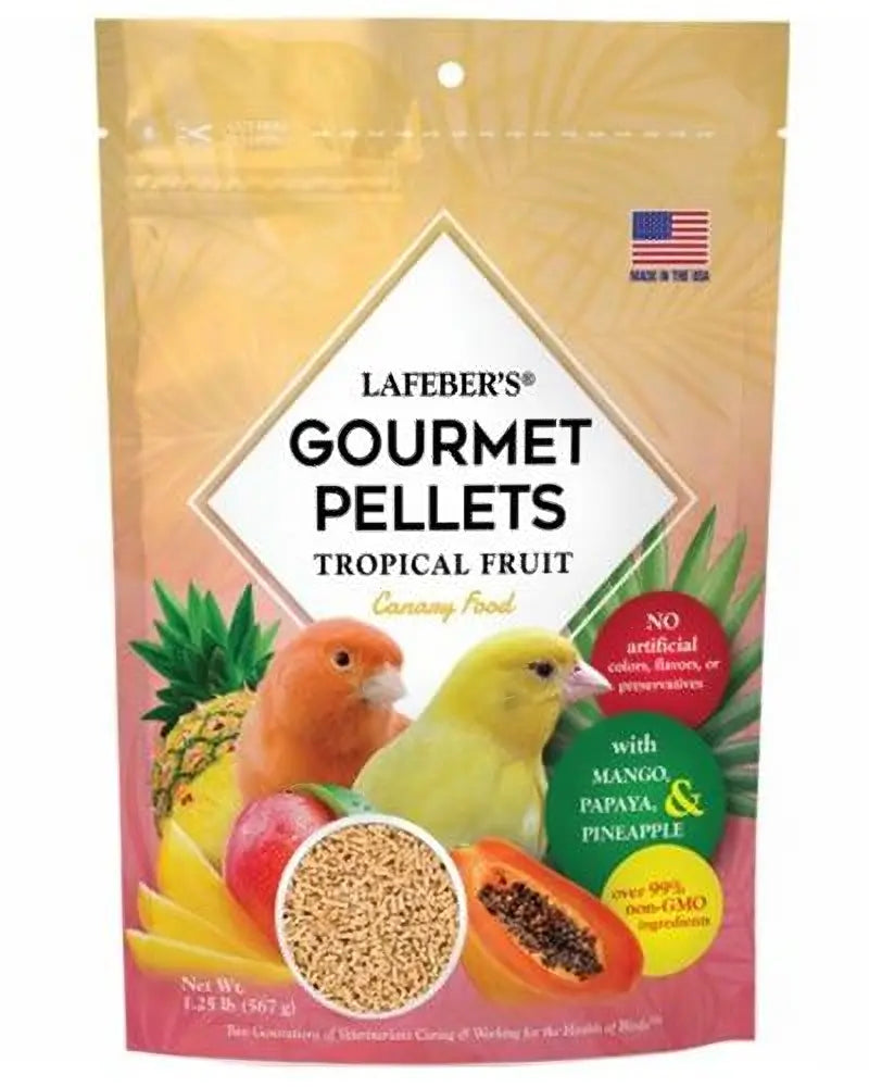 Vibrant Lafeber's 1.25lb Tropical Fruit Canary Pellets, infused with real papaya, mango, and pineapple for a tropical treat.